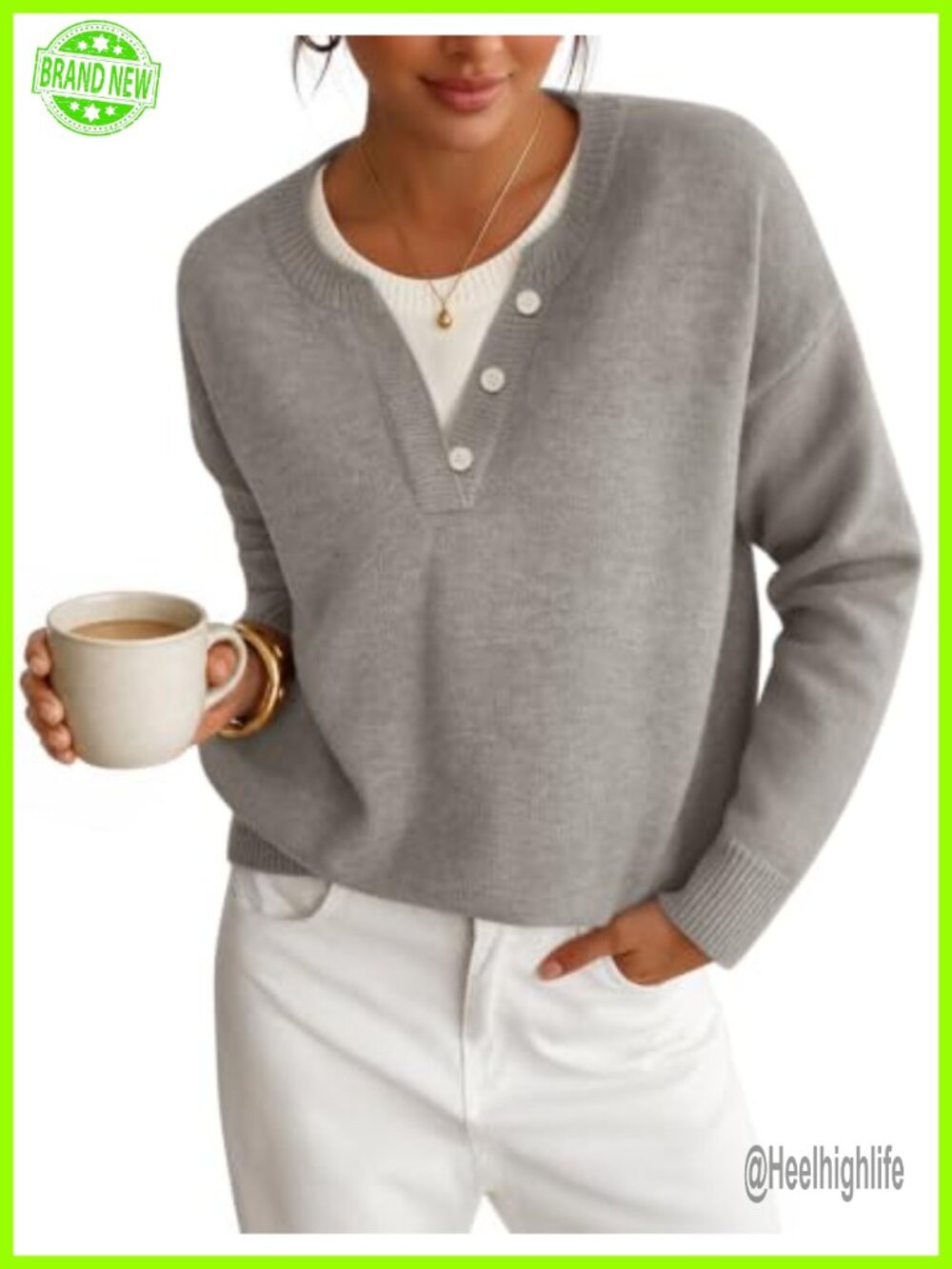 Oversized Henley Neck Faux Layered Pullover Sweater with Decorative Buttons